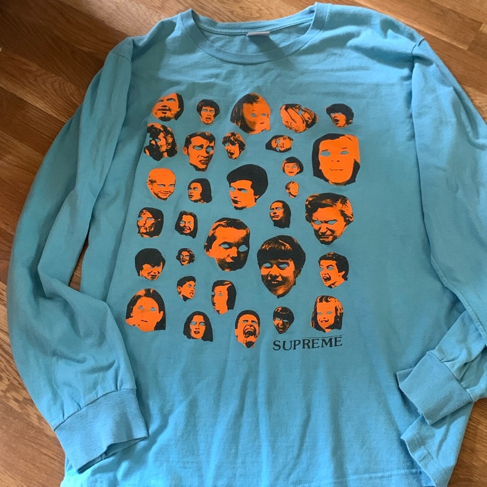 Supreme Men’s Many Faces Baby Blue and Orange Long Sleeve Shirt Size Medium